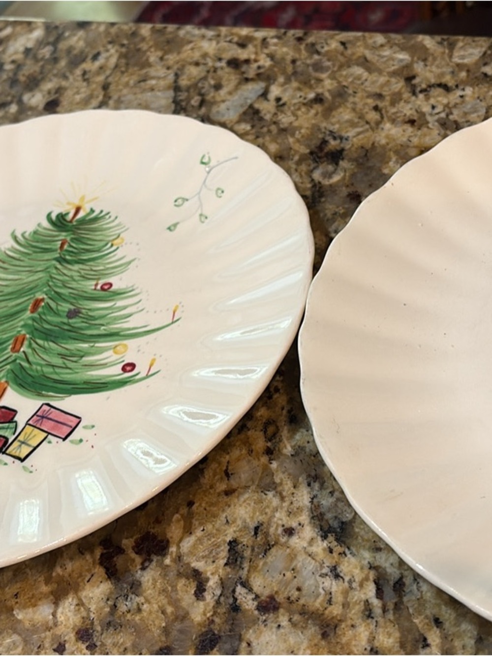 vintage Festive White Ceramic Dinner Plateswith Green Christmas Tree Motif.